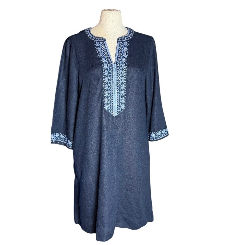 Chicos Navy Blue 100% Linen Embroidered Split Neck Tunic Dress Size 1 US‎ 8